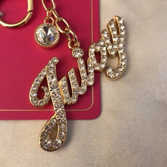 Juicy Couture Gold Tone Juicy Logo Keychain Bag Charm Clear Crystal Accents NWT - Picture 8 of 10